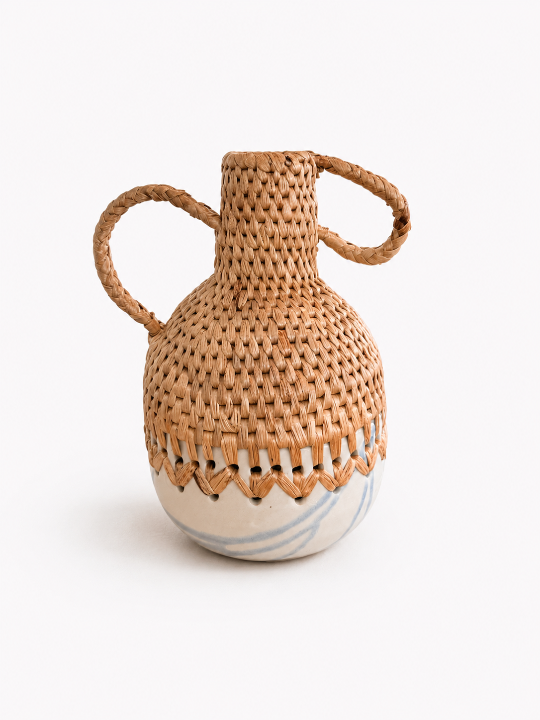 Pinched neck Woven vase with handles and white and blue streaks ceramic bottom on a white background