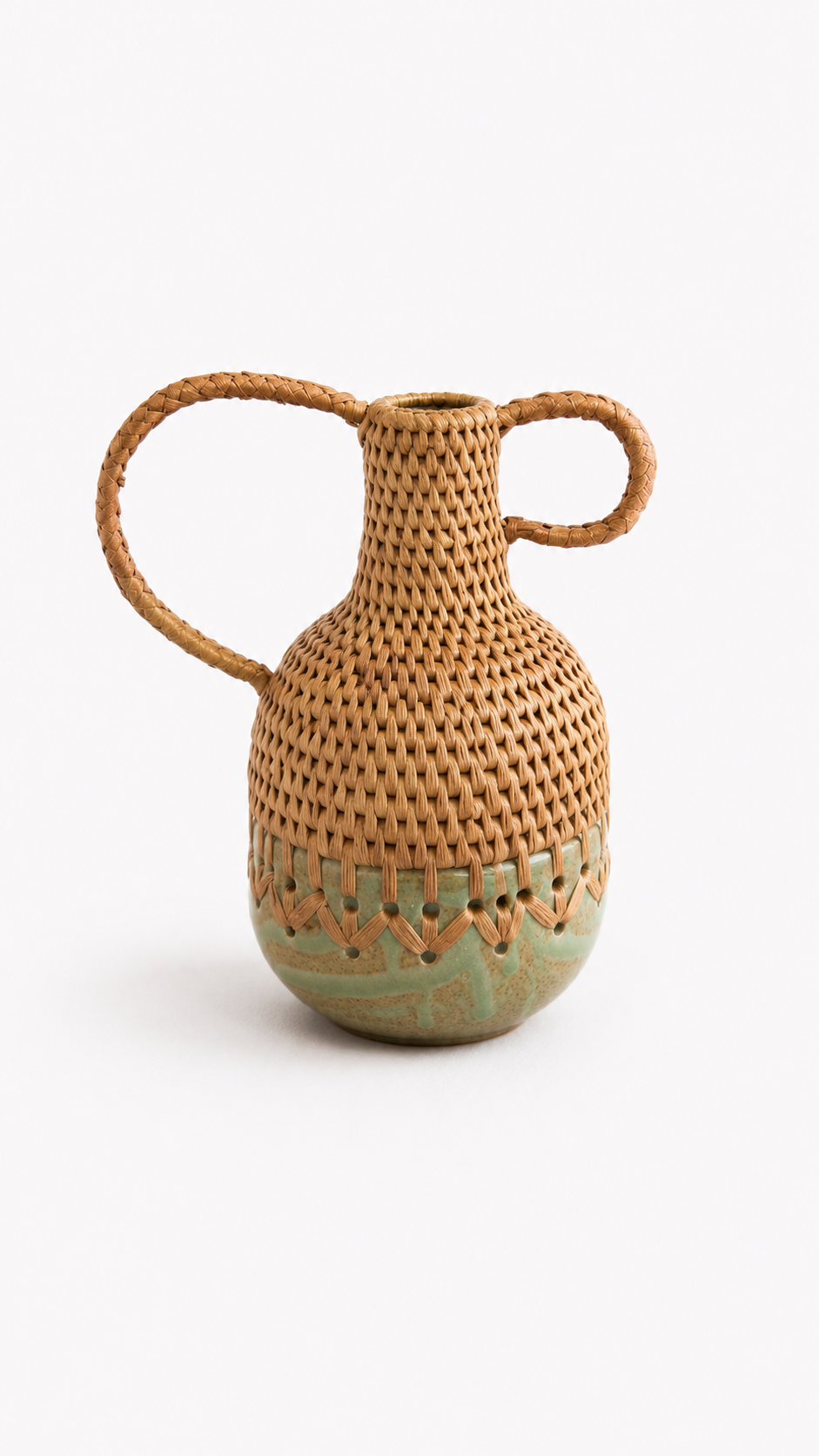 Pinched neck Woven vase with handles and green streaks ceramic bottom on a white background