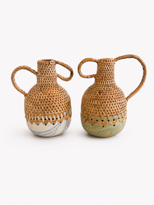 Two Pinched Neck woven vases with decorative handles and ceramic bottoms on a white background