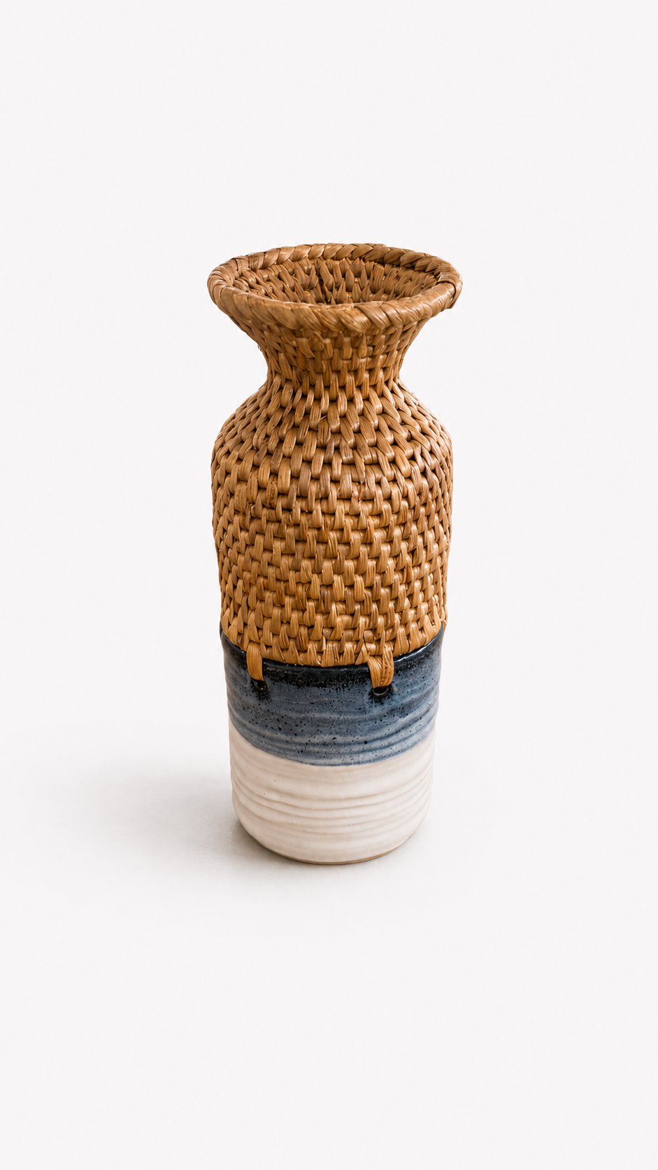 Two flared neck woven top with blue and white gradient ceramic bottom vase on a white background