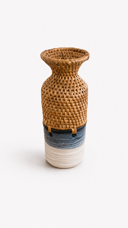 Two flared neck woven top with blue and white gradient ceramic bottom vase on a white background