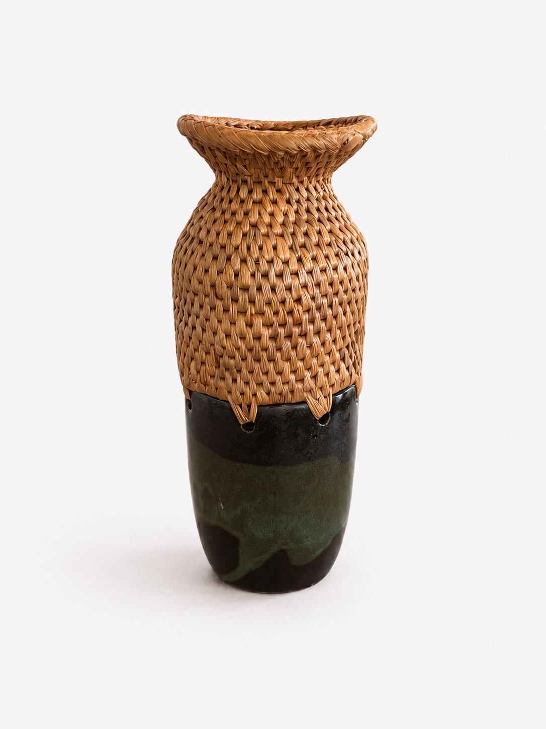 Two flared neck woven top with black and green gradient ceramic bottom vase on a white background