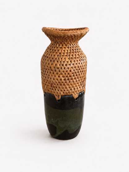 Two flared neck woven top with black and green gradient ceramic bottom vase on a white background