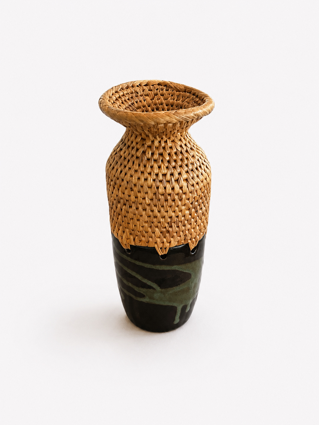 Two flared neck woven top with black and green gradient ceramic bottom vase on a white background