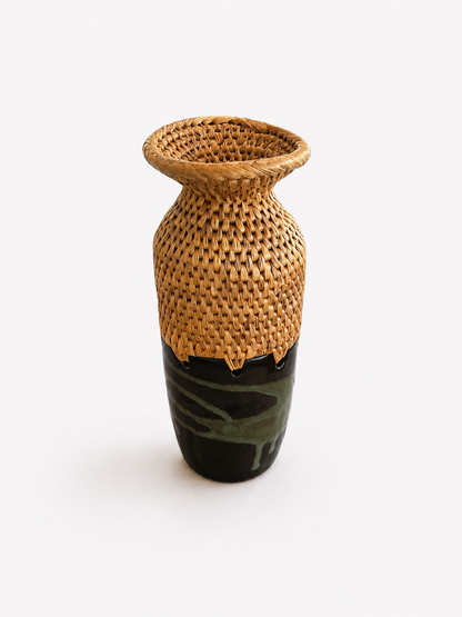 Two flared neck woven top with black and green gradient ceramic bottom vase on a white background