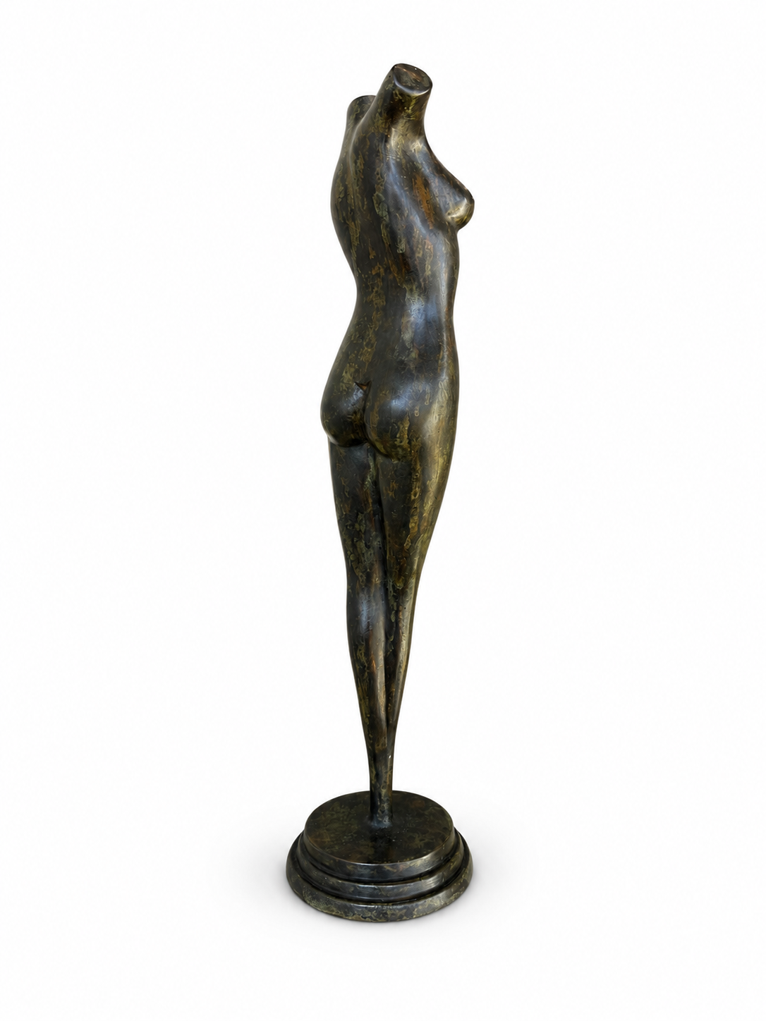 Bronze sculpture of a female figure on a white background, back view.
