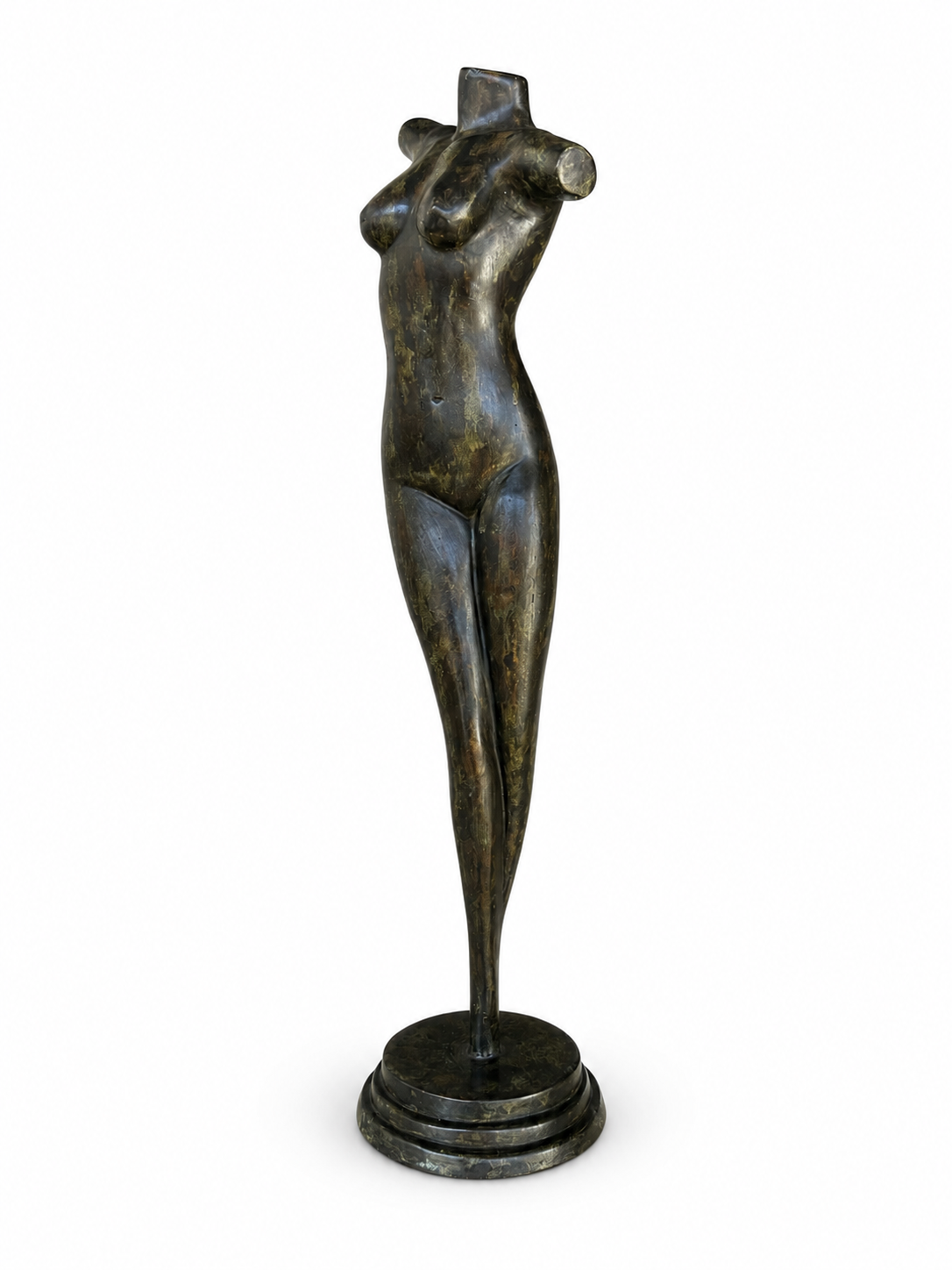 Bronze sculpture of a female figure on a white background, side view