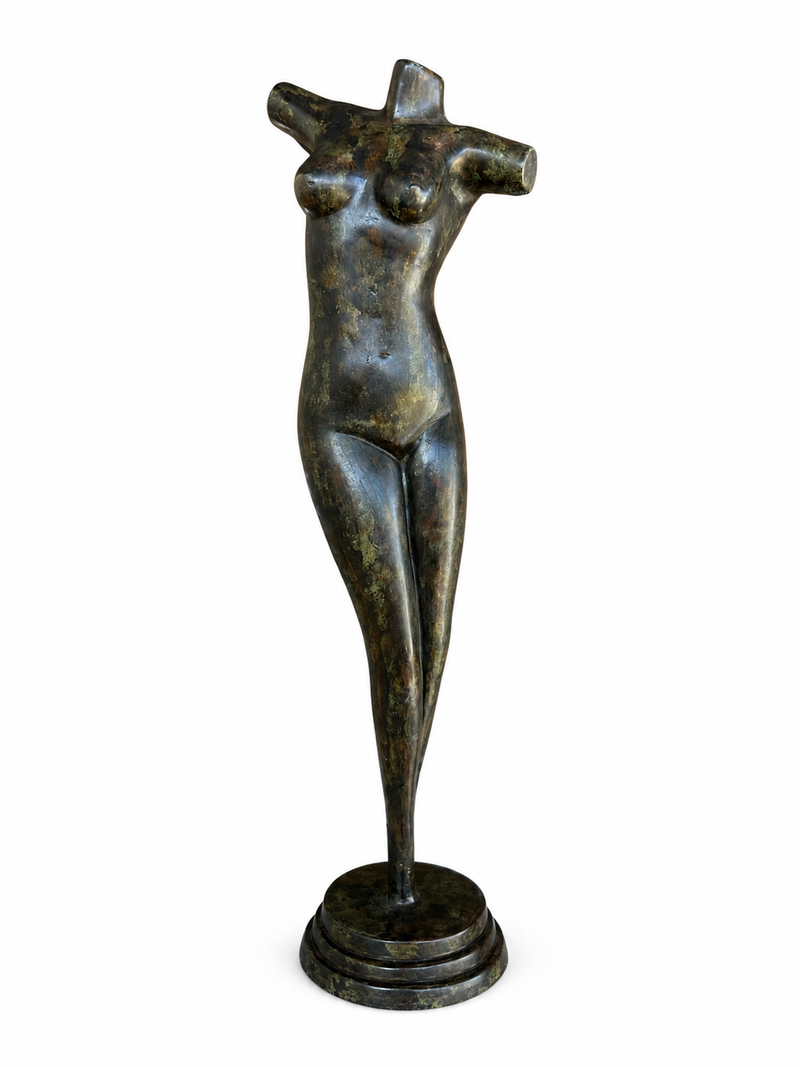 Bronze sculpture of a female figure on a white background