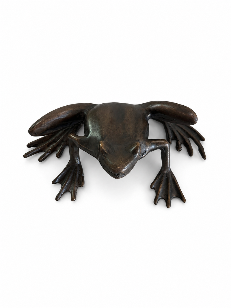 Bronze sculpture of a frog on a white background