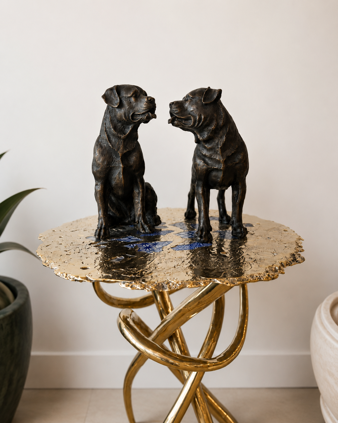 Bronze dog statues on a gold side table against a white wall.