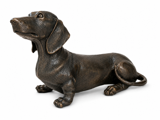 Bronze statue of a dachshund looking up on a white background
