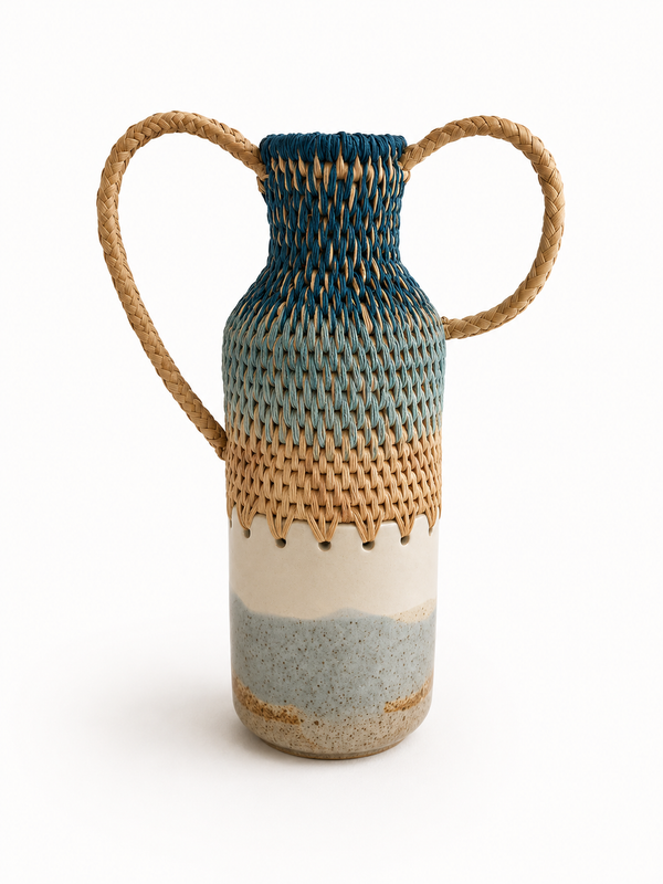 Vase with woven top and handles with ceramic bottoms and gradient color design on a white background