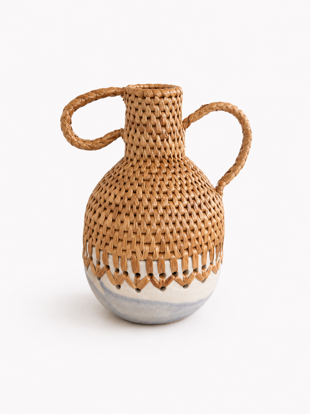 Pinched neck Woven vase with handles and white and blue streaks ceramic bottom on a white background