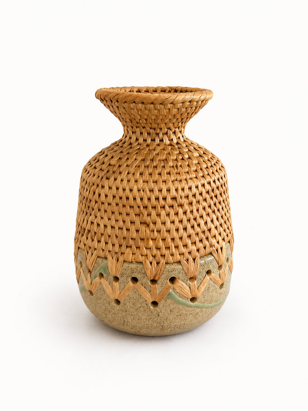 Flared neck Woven ceramic vase with geometric patterns on a white background