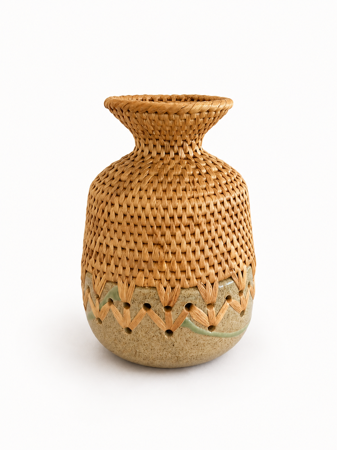 Flared neck Woven ceramic vase with geometric patterns on a white background
