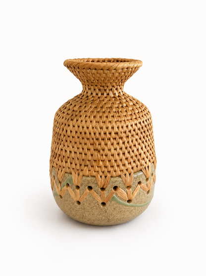 Flared neck Woven ceramic vase with geometric patterns on a white background