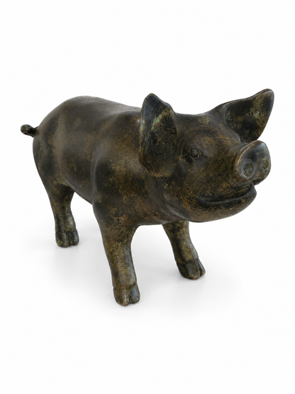 Bronze pig looking up statue on a white background. Straight view.