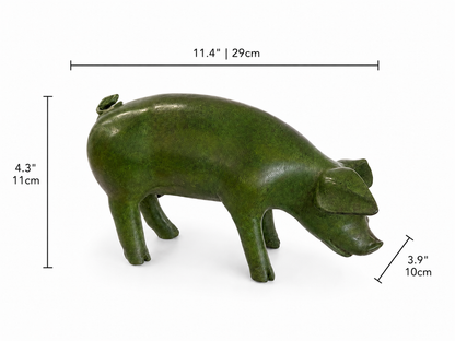 Green pig figurine with dimensions on a white background. Height 4.3 inches and 11cm. Width 3.9 inches and 10cm. Length 11.4 inches and 29cm. 