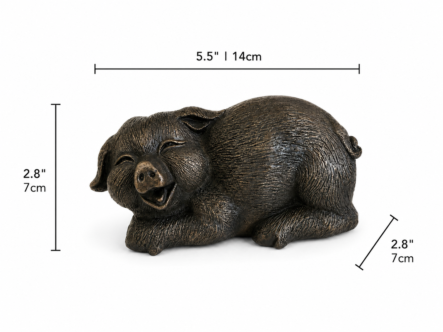 Bronze pig sculpture with dimensions on a white background. Height 2.8 inches and 7cm. Width 2.8 inches and 7cm. Length 5.5 inches and 14cm. 