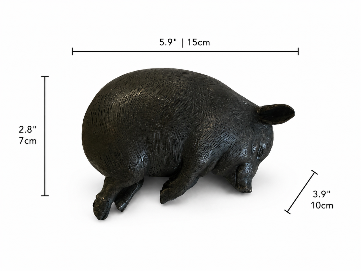 Black pig sculpture with measurements on a white background. Height 2.8 inches and 7cm. Width 3.9 inches and 10cm. Length 5.9 inches and 15 cm. 