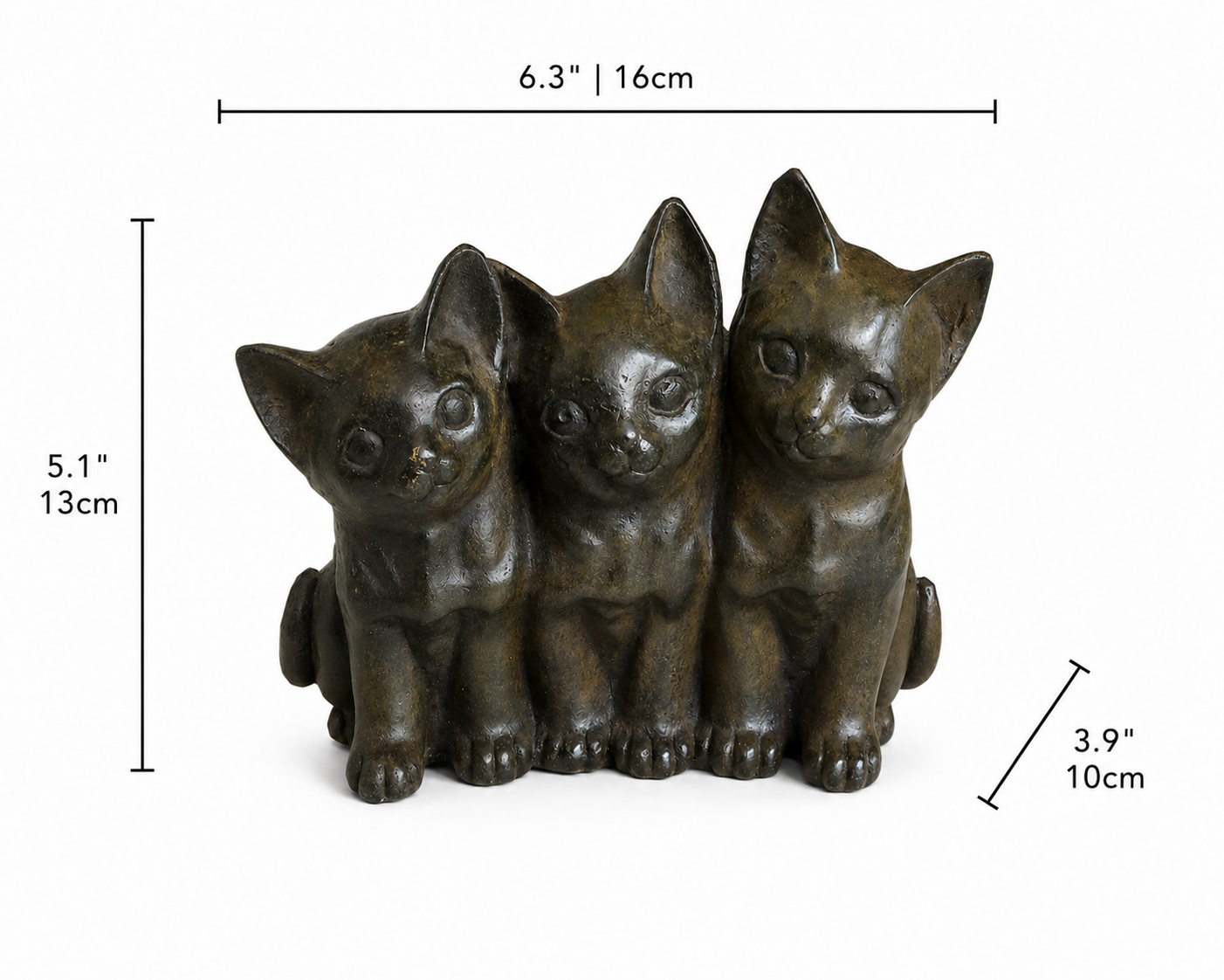 Bronze statue of three sitting cats with measurements on a white background. Height 5.1 inches and 13cm. Width 3.9 inches and 10cm. Length 6.3 inches and 16cm. 