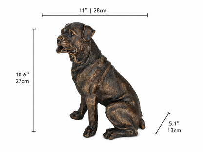Bronze dog statue with measurements on a white background. Height 10.6 inches. Width 5.1 inches and 13cm. Length 11inches and 28cm. 