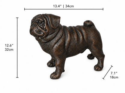 Bronze bulldog statue with dimensions on a white background. Height 12.6 inches and 32cm, width 7.1 inches and 18cm and length 13.4 inches and 34cm. 