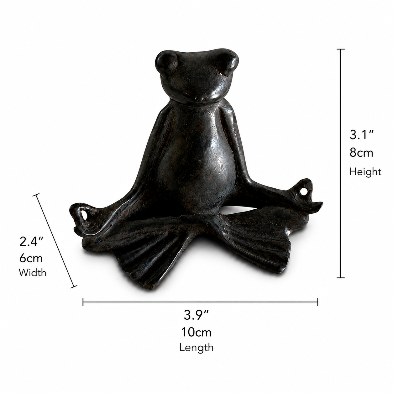 Brass frog sculpture in a meditative pose on a white background with dimensions. Height 3.1 inches and 8 cm. Width 2.4 inches and 6cm. Length 3.9 inches and 10 cm. 