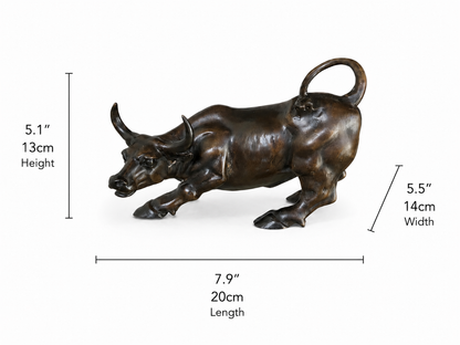 Bronze bull statue with dimensions labeled on a white background. Height 5.1 inches, 13 cm. Width 5.5 inches and 14cm. Length 7.9 inches and 20cm.