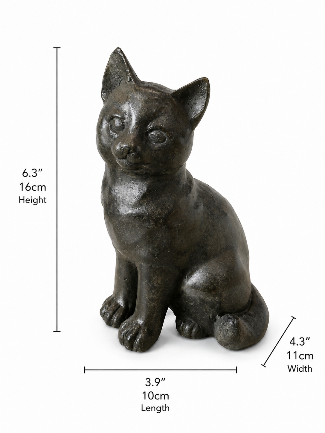 Bronze cat figurine with dimensions on a white background. Height 6.3 inches and 16cm. Width 4.3 inches and 11cm. Length 3.9 inches and 10cm. 