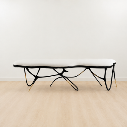 Black brass luxury handmade furniture bench with white cushion with modern design, ideal for modern luxury decor, on a white background.
