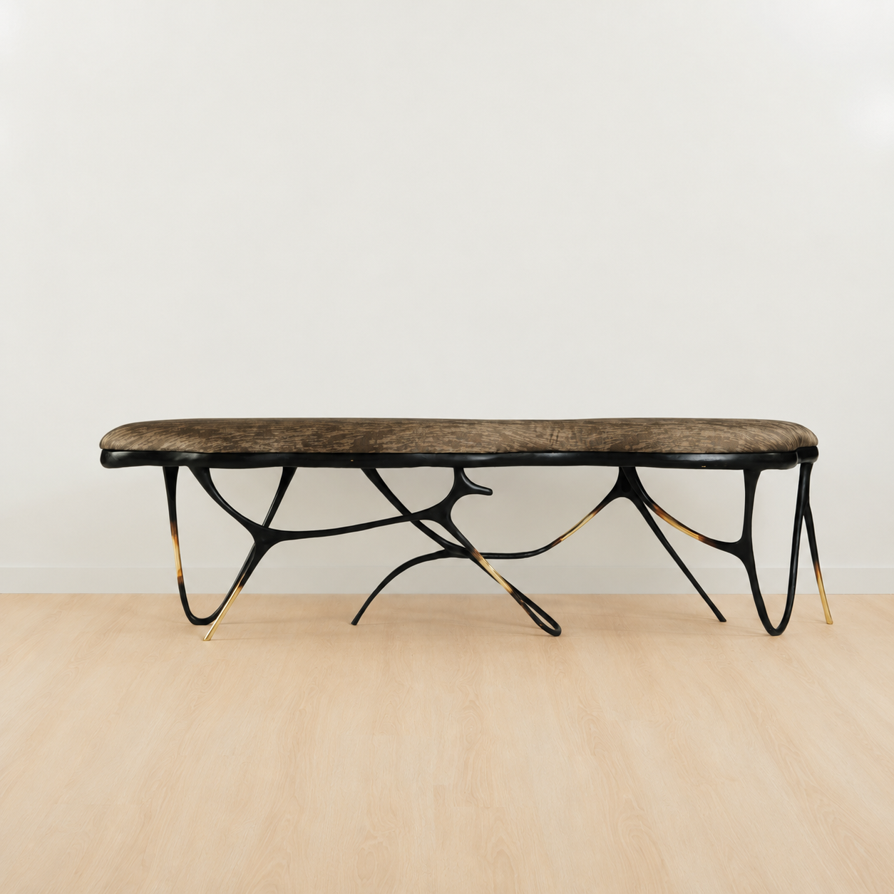 Black brass luxury handmade furniture bench with brown pattern cushion with modern design, ideal for modern luxury decor, on a white background.