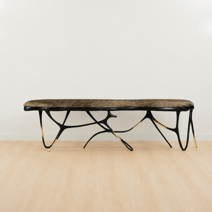 Black brass luxury handmade furniture bench with brown pattern cushion with modern design, ideal for modern luxury decor, on a white background.