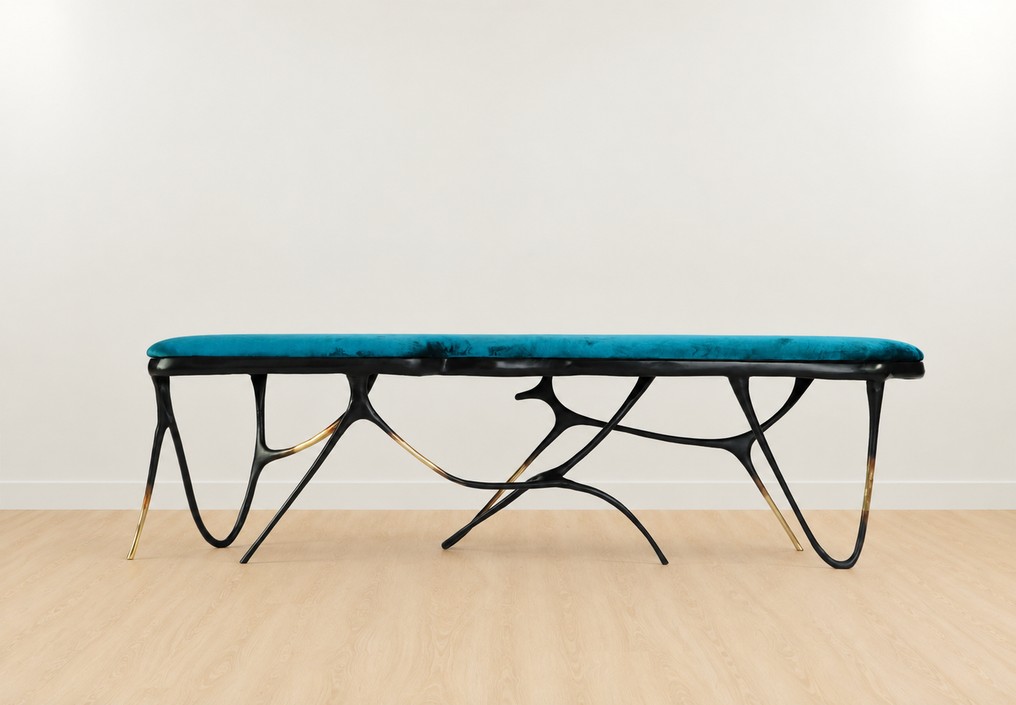 Black brass luxury handmade furniture bench with turquiose cushion with modern design, ideal for modern luxury decor, on a white background. Side angle