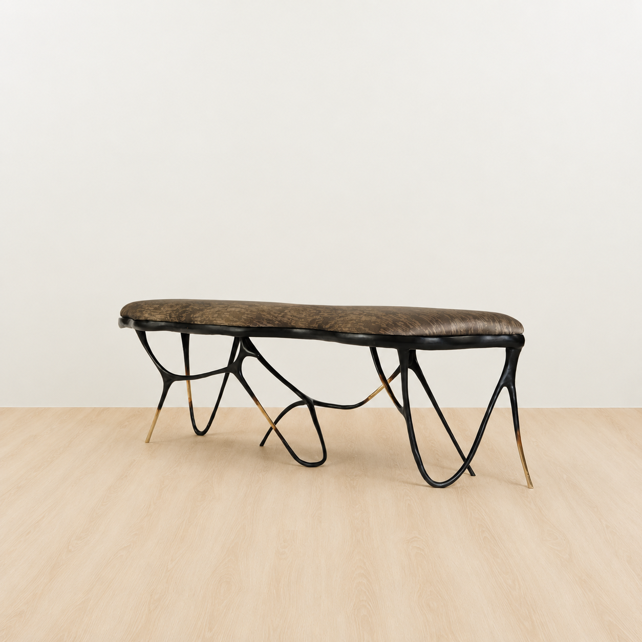 Black brass luxury handmade furniture bench with brown pattern cushion with modern design, ideal for modern luxury decor, on a white background. Side angle
