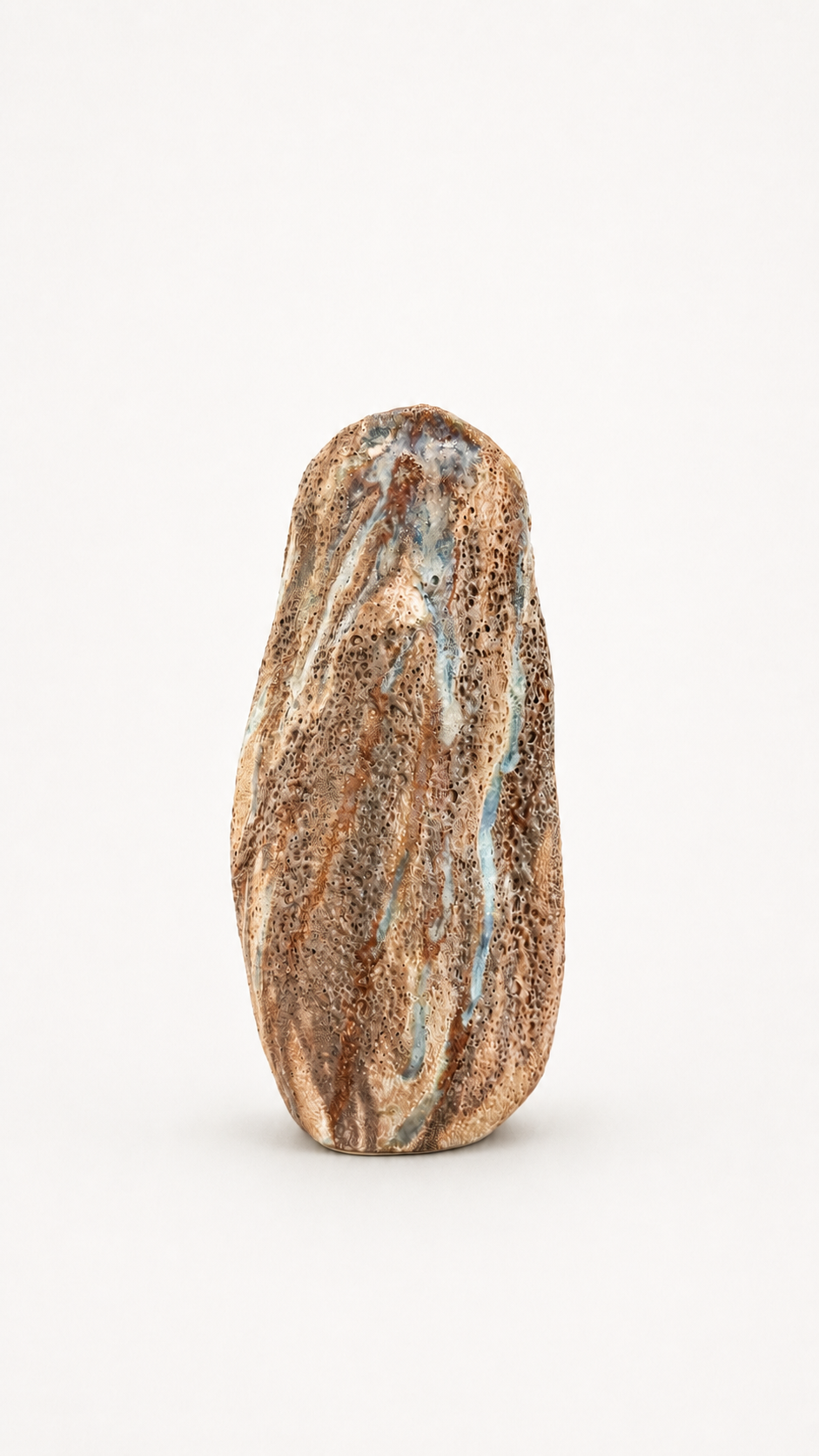 Tall Brown and beige ceramic vase on a white background. side view
