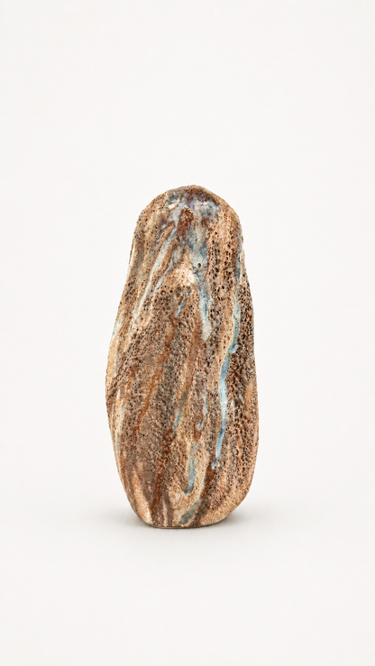 Tall Brown and beige ceramic vase on a white background. side view