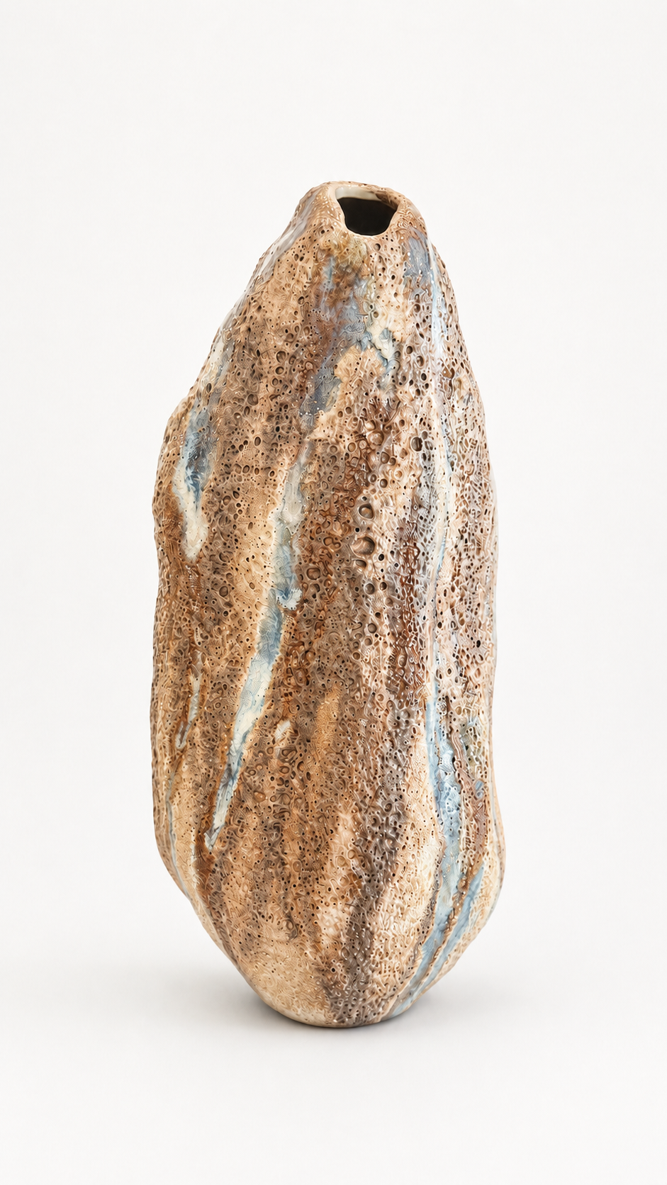 Tall Brown and beige ceramic vase on a white background. straight view