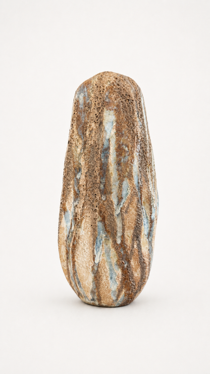 Tall Brown and beige ceramic vase on a white background. back view