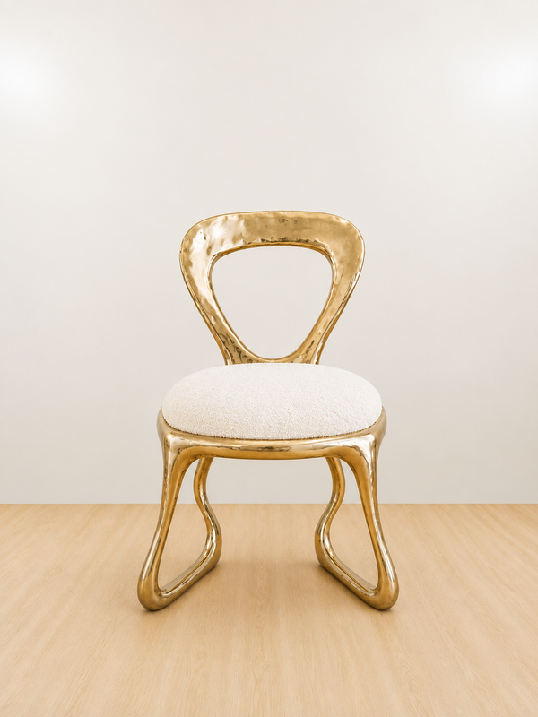 Gold chair with a white cushion on a wooden floor and light background