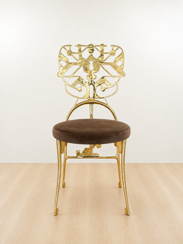 Gold chair with intricate design with brown velvet seat on a white background. Luxury handmade furniture. front angle