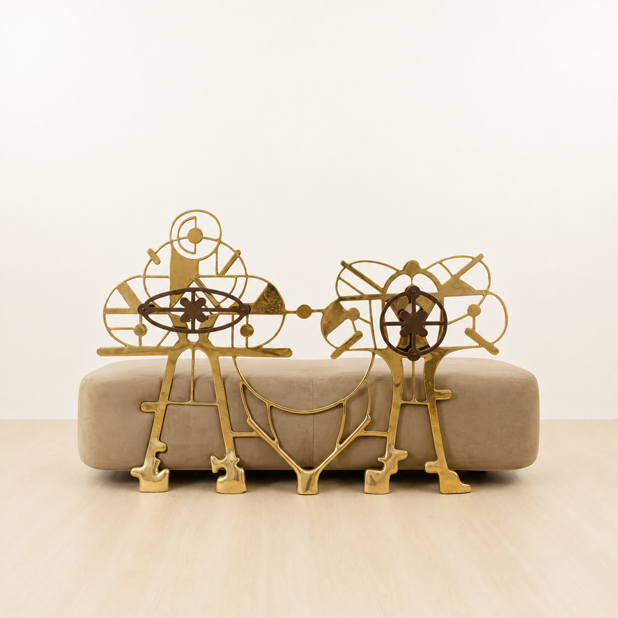 luxury handmade gold brass couch in front of a beige sofa with abstract wall art in the background.