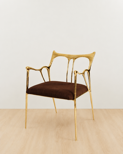 brass Chair with gold frame and brown cushion on a white background