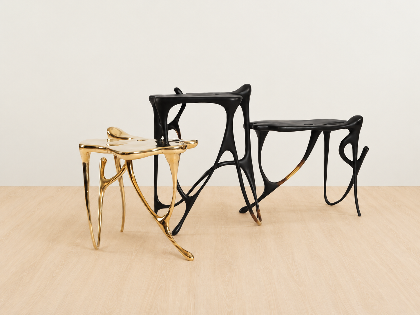 Gold and black modern brass side tables (tall and short) 