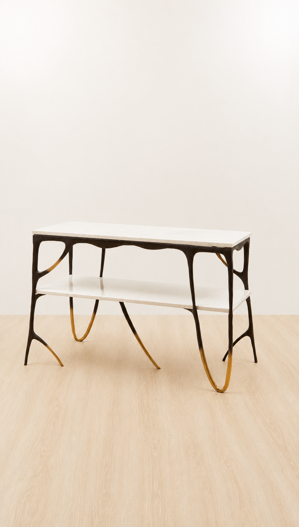 two tiered console table with gold tips and two white marble tops
