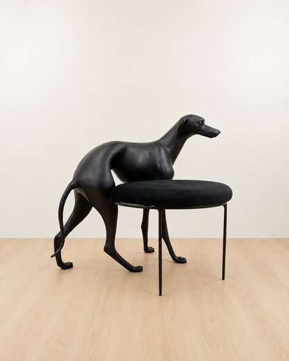Black dog-shaped chair with a black cushion on a wooden floor. Luxury Modern Furniture