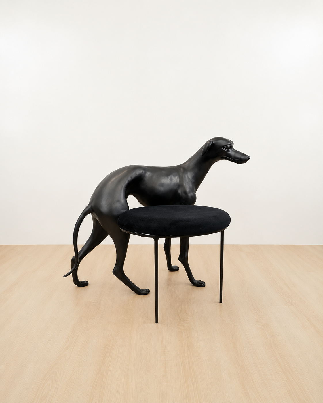 Black dog-shaped chair with a black cushion on a wooden floor. Luxury Modern Furniture