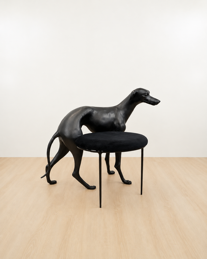 Black dog-shaped chair with a black cushion on a wooden floor. Luxury Modern Furniture
