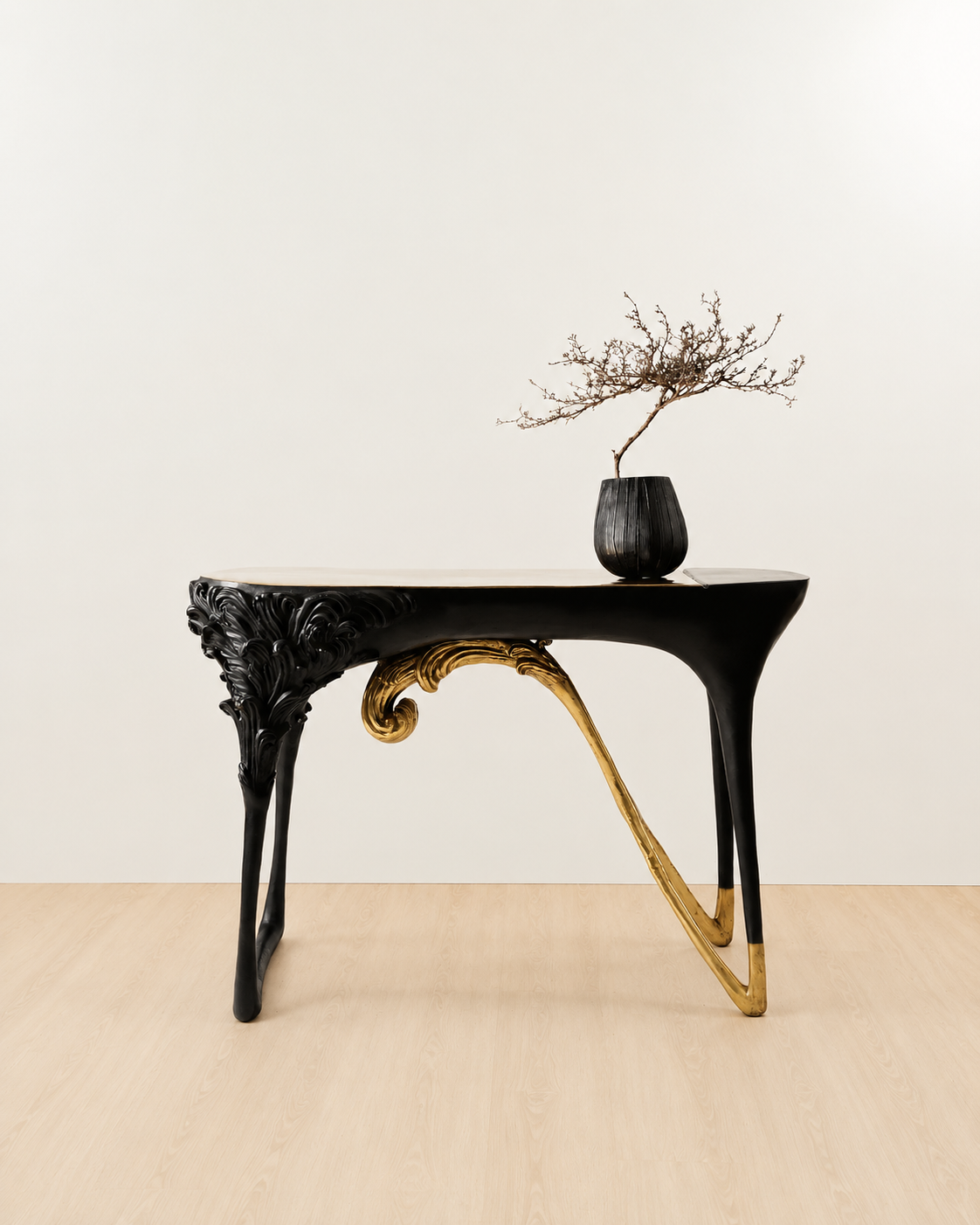 Black brass console table with gold legs