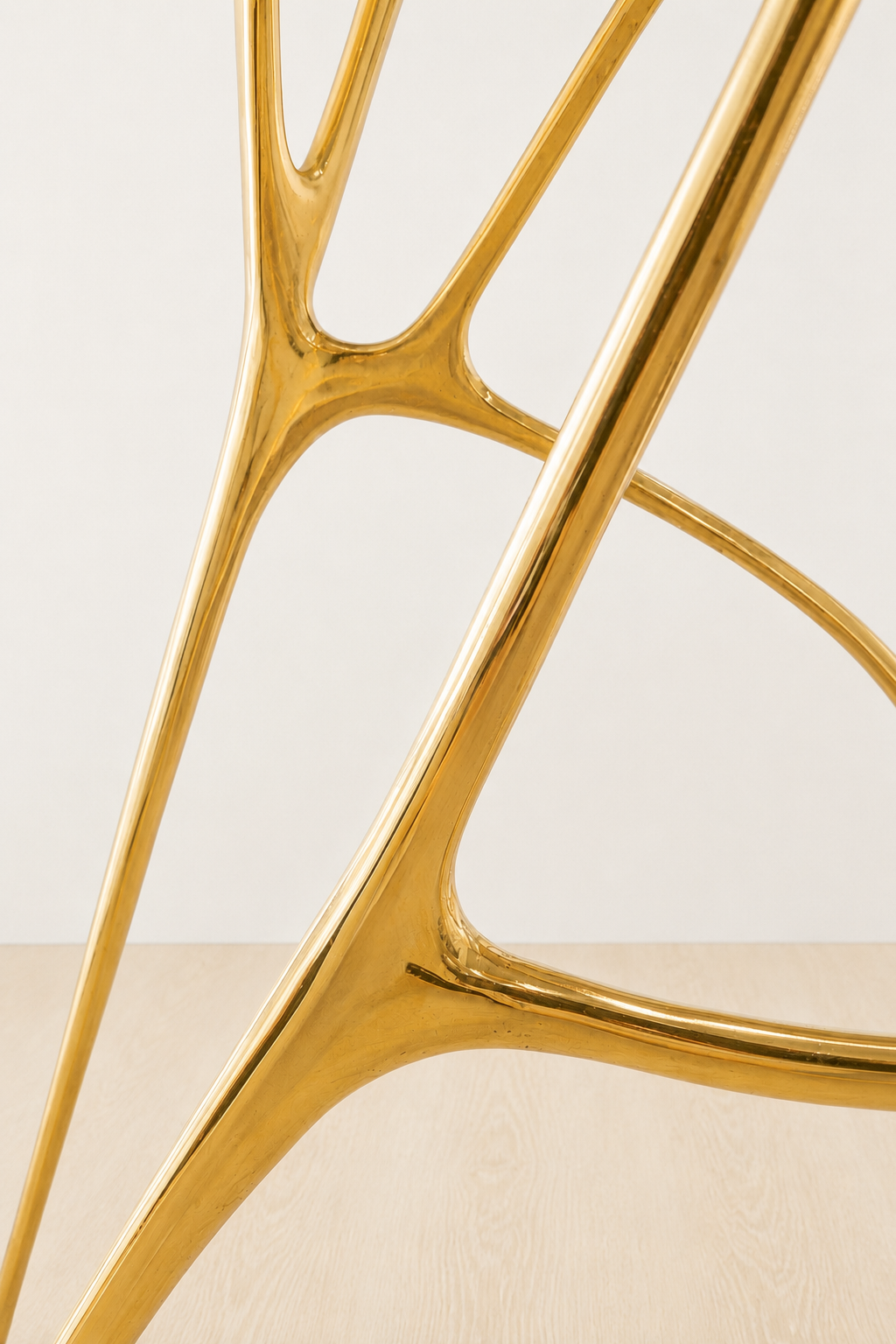 Close-up of a brass gold chair frame with organic branching legs on a light beige floor and wall.
